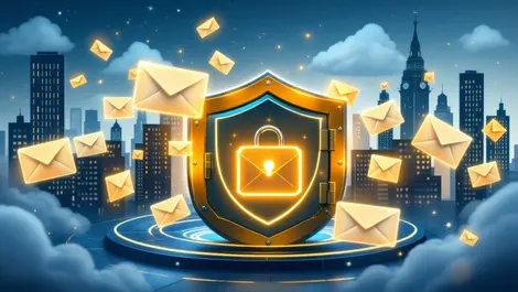 Secure digital vault glowing shields floating envelopes office buildings modern cityscape