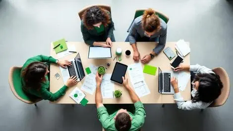 Overhead view irish business professionals organizing expenses around table
