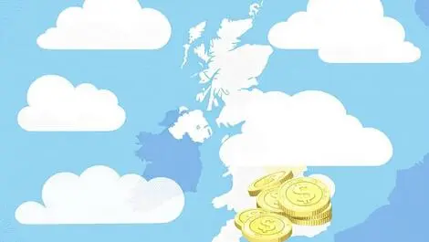 Uk ireland map overlaid with translucent clouds and financial symbols