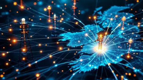 Uk ireland map communication towers fiber optic cables glowing lines digital connectivity