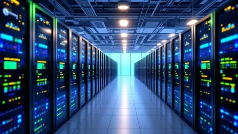 Modern telecom data center green accent energy efficient racks