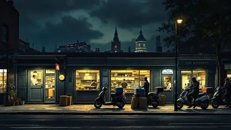 Night london ghost kitchens warm windows delivery scooters
